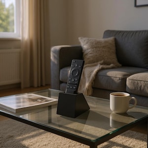 May include: A black remote control in a black stand on a glass coffee table. A white mug with coffee is to the right. A stack of books is on the left. A grey sofa and a beige cushion are in the background.