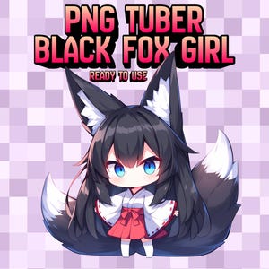 Peut inclure: Illustration numérique d'une fille renard noire vêtue d'une tenue rouge et blanche avec des yeux bleus. L'image contient le texte "PNG TUBER BLACK FOX GIRL READY TO USE" en rose et noir, sur un fond violet à carreaux.