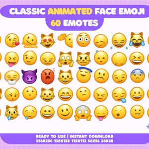 Puede incluir: Un gráfico digital con 60 emojis animados con diversas expresiones, como sonriendo, llorando y guiñando un ojo. Los emojis son amarillos con detalles negros, sobre un fondo morado y blanco. El texto en la parte superior dice "CLASSIC ANIMATED FACE EMOJI" y "60 EMOTES".