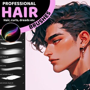 May include: Digital art product advertisement. The image features a stylized illustration of a person with dark hair and a pink and black banner that reads "PROFESSIONAL HAIR". The banner also says "BRUSHES". The image includes examples of hair brushes.