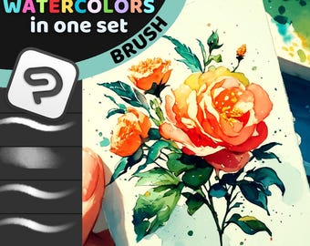 May include: A digital watercolor painting of orange and red roses with green leaves. The image is on a white background with the text "best digital WATERCOLORS in one set BRUSH". A digital art program icon is in the upper left corner.