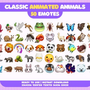 Op de afbeelding: Een afbeelding met 50 geanimeerde dierlijke emotes, waaronder een varken, een leeuw en een panda. De tekst luidt "CLASSIC ANIMATED ANIMALS 50 EMOTES" en "READY TO USE | INSTANT DOWNLOAD".