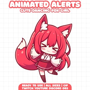 May include: Animated alert graphic featuring a cute, dancing fox girl with red hair and fox ears. The image includes text that reads "Animated Alerts" and "Cute Dancing Fox Girl". Additional text indicates the graphic is ready to use.