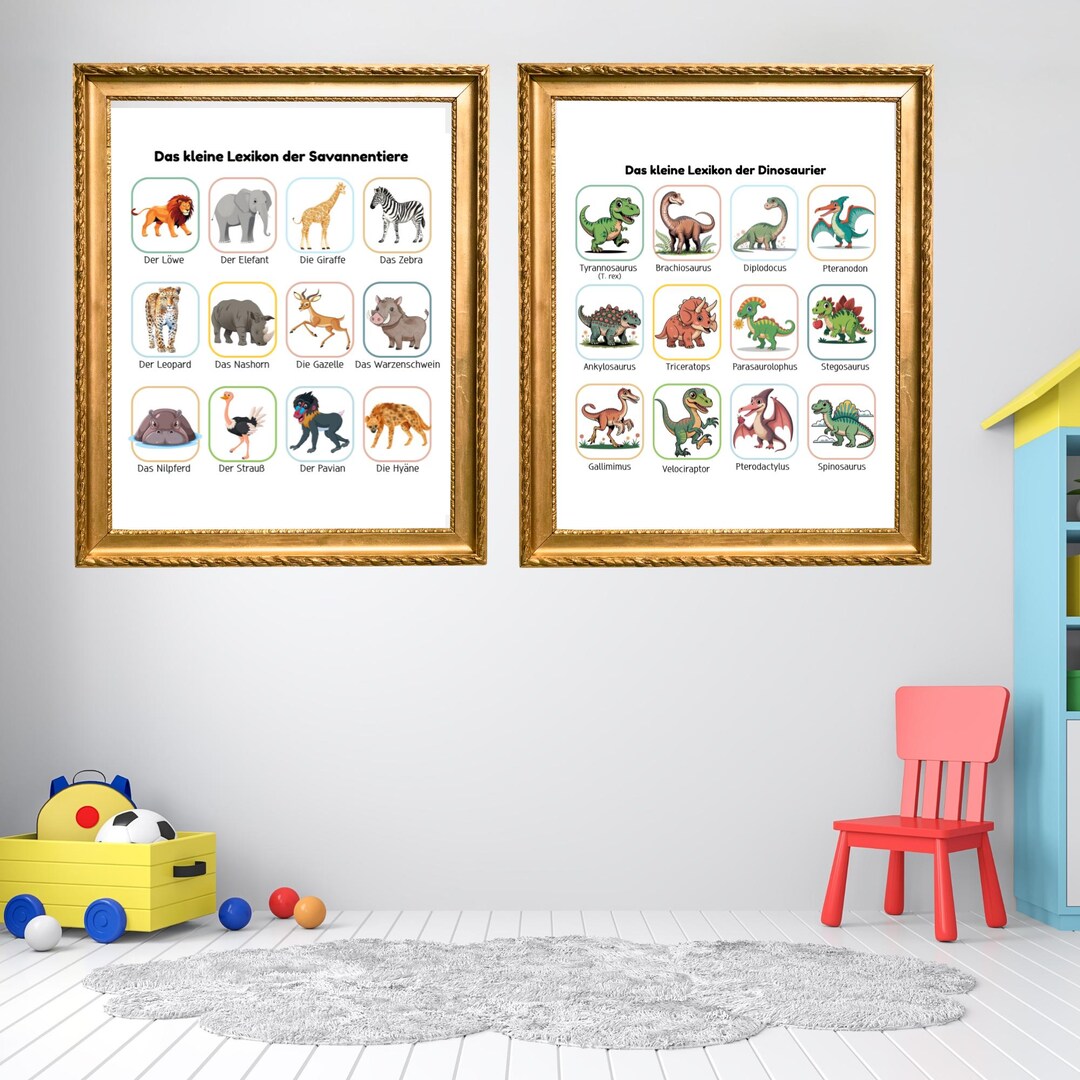 Tierwelt Poster Bundle (2er-set) - Dinosaurier, Savanne, Bauernhof