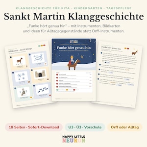 Puede incluir: Un recurso educativo digital titulado Sankt Martin Klanggeschichte que consta de tres páginas de material impreso. Las páginas incluyen tarjetas ilustradas, una historia titulada Funke hört genau hin e instrucciones para usar instrumentos u objetos cotidianos para efectos sonoros.