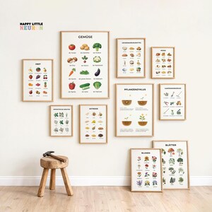 Peut inclure: Plusieurs affiches éducatives encadrées sur les thèmes de la botanique et de la cuisine. Les affiches présentent des illustrations de fruits, légumes, herbes, céréales, noix, fleurs et outils de jardinage. Le texte "HAPPY LITTLE NEURON" est en haut à gauche.