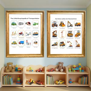 May include: Two framed educational posters hang on a wall above a child's bookshelf. The left poster is titled "The Little Encyclopedia of Transportation" and features illustrations of various vehicles. The right poster is titled "Das kleine Lexikon der Baumaschinen" and features construction vehicles.