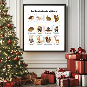 May include: A framed print featuring a German-language educational chart titled "Das kleine Lexikon der Waldtiere" (The Little Encyclopedia of Forest Animals). The chart displays illustrations of various forest animals, including a hedgehog, wolf, and deer. The print is surrounded by a Christmas tree and wrapped gifts.