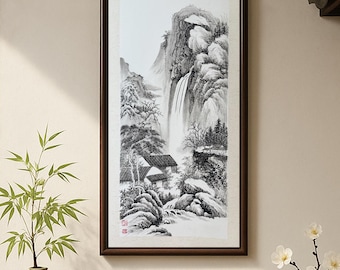 Dipinto di cascata asiatica / Paesaggio con inchiostro cinese / Decorazione murale con cascata