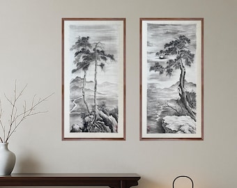Arte montañoso chino / Pintura de pino en tinta / Decoración de pared oriental