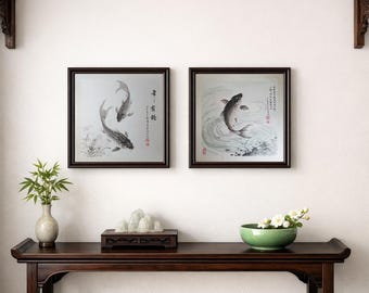 Koi Fish Paintings, Traditional Chinese Ink Art, Asian Wall Decor, Original Brush Painting