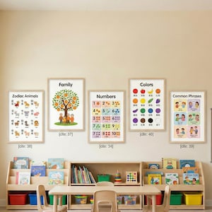 May include: A classroom setting with educational posters and children's furniture. Posters display topics like zodiac animals, numbers, colors, family, and common phrases. Wooden bookshelves, a table, and chairs are also visible.