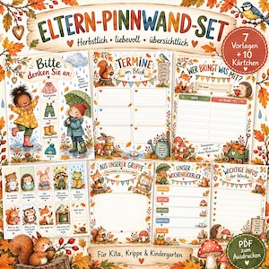 Op de afbeelding: Een digitale printbare set getiteld ELTERN-PINNWAND-SET met zeven sjablonen en tien kaartjes met herfstachtige illustraties van bosdieren, kinderen in regenkleding en paddenstoelen. De pagina's bevatten secties voor planningen, aanmeldlijsten en wekelijkse informatie voor kinderopvang en kleuterscholen.