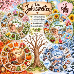 Peut inclure: Une ressource éducative PDF de 10 pages intitulée Die Jahreszeiten présentant quatre diagrammes saisonniers circulaires pour le printemps, l'été, l'automne et l'hiver. Chaque diagramme affiche des illustrations thématiques et un arbre central.