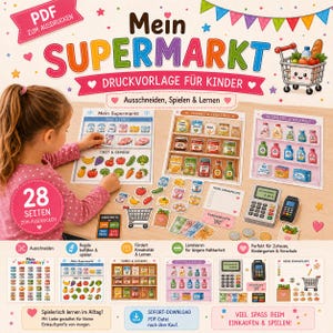 May include: A printable PDF supermarket activity set for children featuring colorful illustrations of grocery items, shelves, a cash register, shopping cart, and play money. The set includes pages for cutting out food, household goods, and shopping lists.