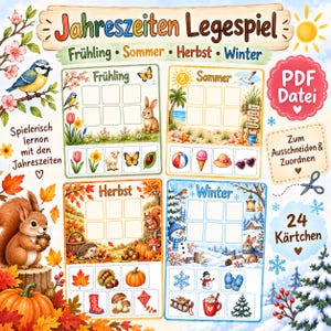 Könnte beinhalten: Ein saisonales Legespiel als PDF-Datei mit vier Bereichen für Frühling, Sommer, Herbst und Winter. Jedes Feld enthält leere Raster und illustrierte Kärtchen zum Ausschneiden und Zuordnen. Der Text lautet Jahreszeiten Legespiel, PDF Datei, Zum Ausschneiden & Zuordnen, 24 Kärtchen und Spielerisch lernen mit den Jahreszeiten.