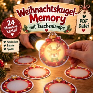 Könnte beinhalten: Ein Weihnachtskugel-Memory-Spielset mit 24 Karten als PDF-Datei. Die Karten sind kreisförmig mit rotem Rand, goldenen Sternen und einer Schleife. Eine Karte zeigt ein Rentier-Motiv, wenn sie mit einer Taschenlampe beleuchtet wird. Text: "Weihnachtskugel-Memory mit Taschenlampe", "24 Memory-Karten", "PDF Datei", "Ausdrucken", "Basteln", "Spielen".