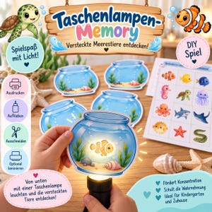Könnte beinhalten: Ein DIY-Taschenlampen-Memory-Spiel mit Papier-Ausschnitten von Fischgläsern. Wenn diese von unten mit einer Taschenlampe beleuchtet werden, erscheinen versteckte Meerestiere wie ein Clownfisch in den Gläsern. Enthält ein Blatt mit Meeresmotiven.