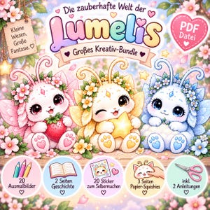 Könnte beinhalten: Ein digitales Kreativ-Bundle mit dem Titel Die zauberhafte Welt der Lumelis, das drei flauschige Wesen mit Fühlern und Blumenkränzen zeigt. Das rosa Wesen hält eine Erdbeere, das gelbe einen Stern und das blaue sitzt inmitten von Blumen.