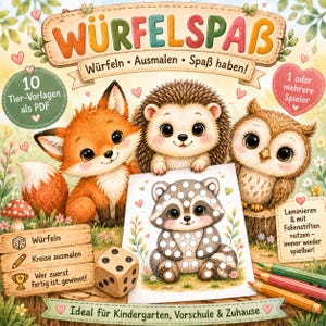 Könnte beinhalten: Ein Spieleset mit dem Titel WÜRFELSPAB, illustriert mit einem Fuchs, einem Igel und einer Eule. Es enthält ein Waschbär-Ausmalblatt mit Kreisen, einen Holzwürfel und Buntstifte. Der Text umfasst 10 Tier-Vorlagen als PDF, 1 oder mehrere Spieler sowie Anleitungen zum Laminieren und zur Verwendung von Folienstiften für wiederholten Spielspaß.