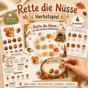 Può includere: Un gioco in PDF stampabile intitolato Rette die Nüsse Herbstspiel con un tabellone raffigurante uno scoiattolo, noci e foglie autunnali. Include fogli di istruzioni, carte simbolo e gettoni a forma di noce da ritagliare su 4 pagine.