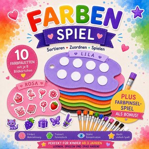 Könnte beinhalten: Ein farbenfrohes Lernspiel mit dem Titel FARBEN SPIEL, bestehend aus zehn Farbpaletten in verschiedenen Farben, acht Bildkärtchen pro Palette und einem Pinselset. Das Set enthält Symbole für Gehirn, Hand, Auge und Stern sowie deutschen Text.