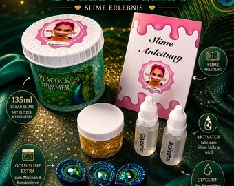 Lisa Schleimesucht Peacock Shimmer Slime Set – Green Glitter Slime + Gold Slime, Glitter Slime with Charms, Activator & Instructions