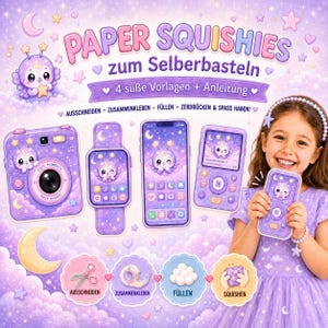 Può includere: Un kit creativo intitolato PAPER SQUISHIES zum Selberbasteln che include quattro modelli per una fotocamera, un orologio, un telefono e un lettore musicale. Il set viola contiene istruzioni per ritagliare, incollare e assemblare.