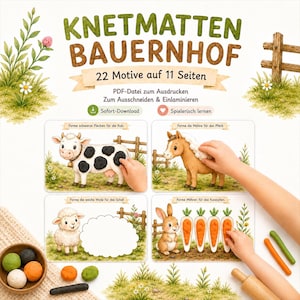 Könnte beinhalten: Ein digitales, ausdruckbares Set mit dem Titel KNETMATTEN BAUERNHOF, bestehend aus 22 Bauernhof-Motiven auf 11 Seiten. Die Vorlagen zeigen eine Kuh, ein Pferd, ein Schaf und ein Kaninchen mit freien Flächen für Knete und einen Nudelholz.