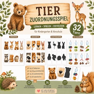 Puede incluir: Un juego de asociación de animales imprimible con 32 tarjetas que muestran ilustraciones de osos, ciervos, zorros, conejos, mapaches, ardillas, erizos y lobos. Incluye tarjetas de animales, recortes, siluetas de sombras y tarjetas de comida.