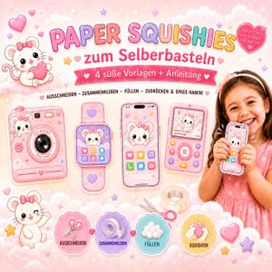 DIY Paper Squishy Kits – 4 söta PDF-utskrivbara mallar för barn | Kamera, smartklocka, mobiltelefon och musikspelare + instruktioner