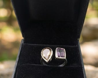 Tweestenen bypass-ring amethist en rookkwarts – 925 sterlingzilver geometrische edelsteenring, moderne sieraden, geboortesteen februari