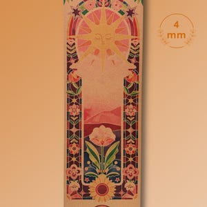 May include: A rectangular bookmark with a stained-glass design featuring a sun, flowers, and a mountain landscape. The bookmark is 4 mm thick and has the word "Amsame" at the bottom. The design incorporates red, pink, yellow, and blue hues.