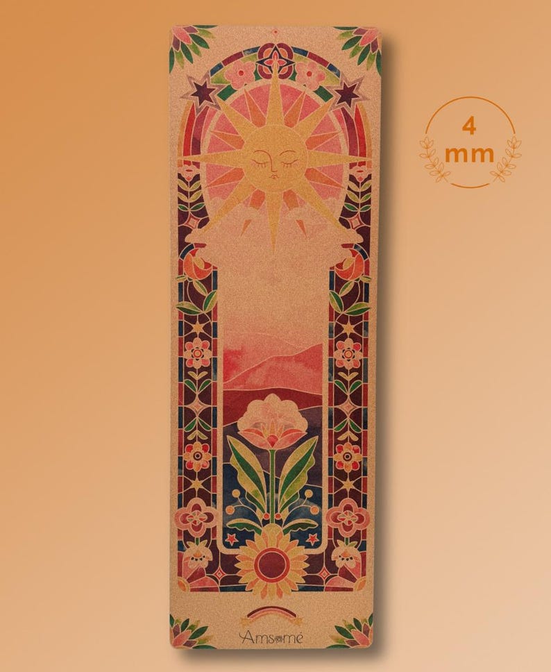 May include: A rectangular bookmark with a stained-glass design featuring a sun, flowers, and a mountain landscape. The bookmark is 4 mm thick and has the word "Amsame" at the bottom. The design incorporates red, pink, yellow, and blue hues.
