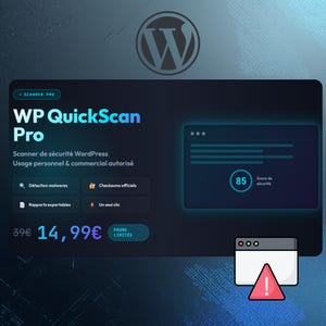 Peut inclure: Visuel numérique faisant la promotion de WP QuickScan Pro, un scanner de sécurité WordPress. L'image présente le logo WP, le nom du produit et les principales fonctionnalités. Un score de sécurité de 85 est affiché, avec une icône d'avertissement et une offre promotionnelle limitée.