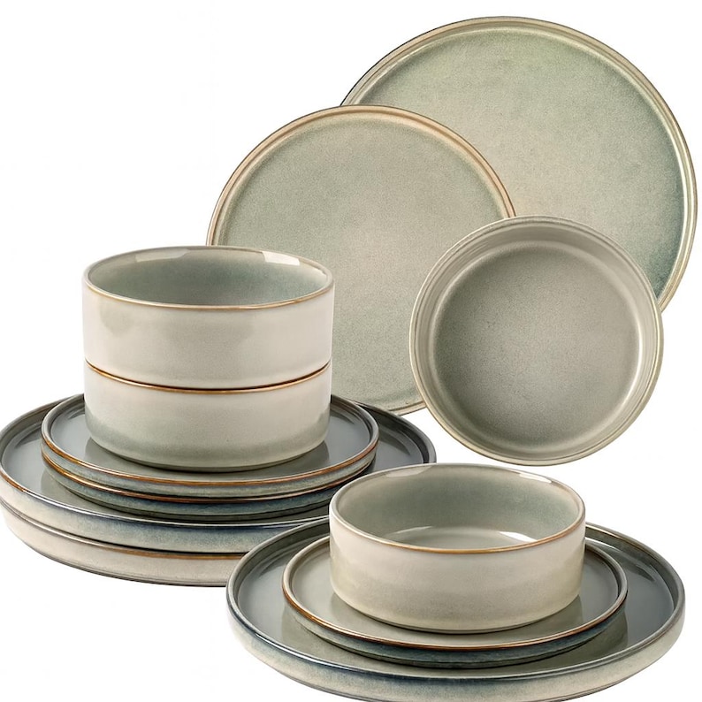 Stoneware Dinnerware Set for 4, 12-Piece Ceramic Plates & Bowls, Nordic Minimalist Reactive Glaze, Modern Neutral Tableware