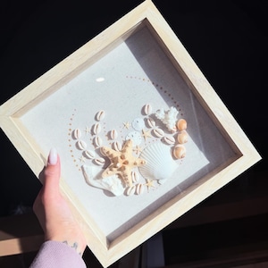 May include: A framed seashell art piece featuring a starfish, various seashells, and coral arranged on a light-colored fabric. The arrangement is enclosed in a natural wood frame, creating a coastal theme.