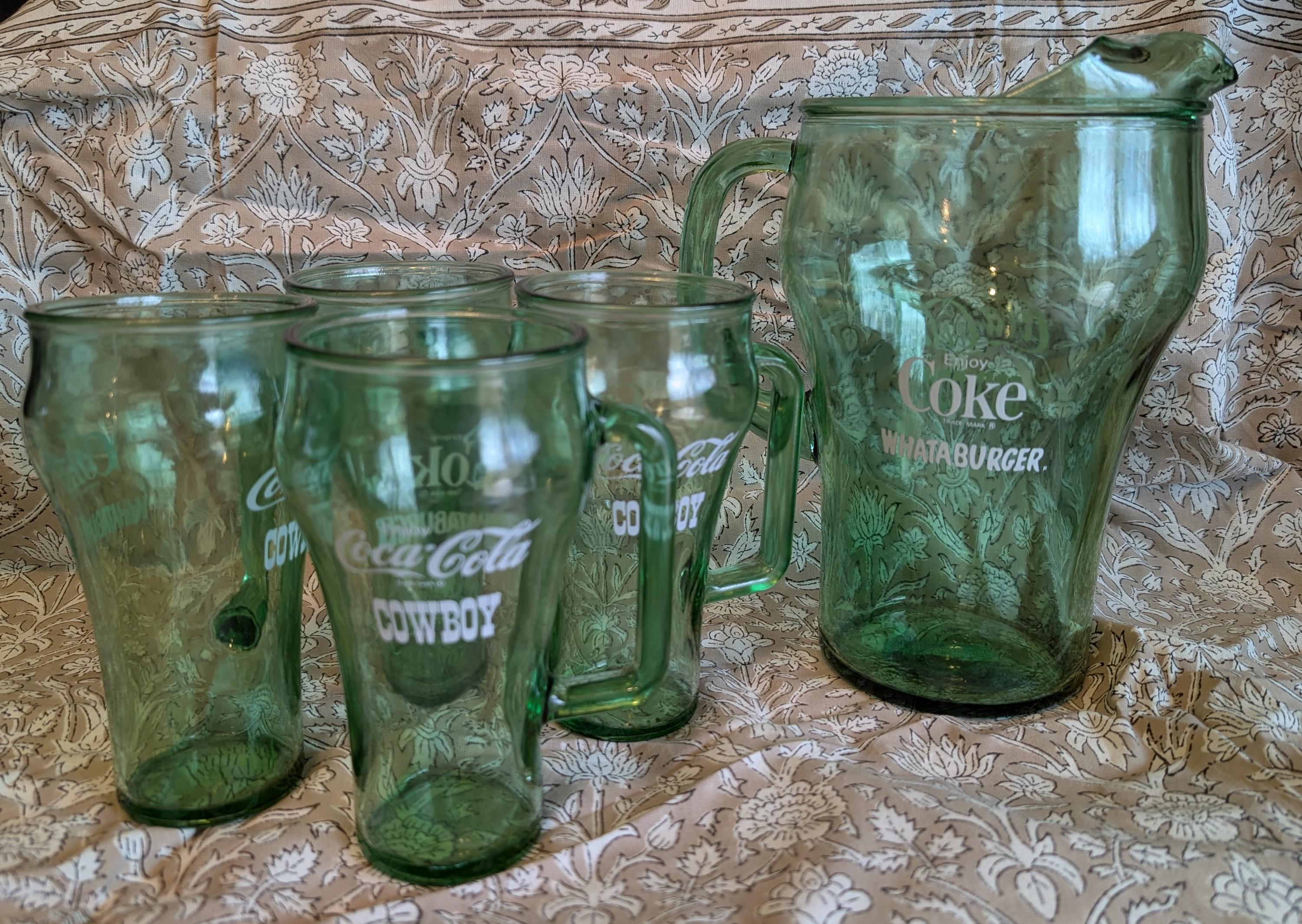 Vintage Coca-cola Whataburger Green Glass Pitcher & Cowboy Glasses
