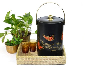 Vintage Butterfly Ice Bucket Boho Barware Set Black Ice Bucket and Wicker Tray Boho Decor