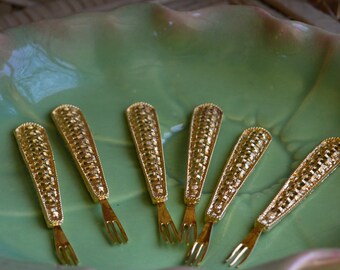 Vintage Gold Cocktail Forks Gold Basket Weave Forks Gold Appetizer Forks Hollywood Regency horderve forks