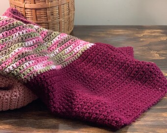 Vintage Afghan Blanket Chunky Knit Pink and Green Afghan Blanket Crochet Throw Blanket