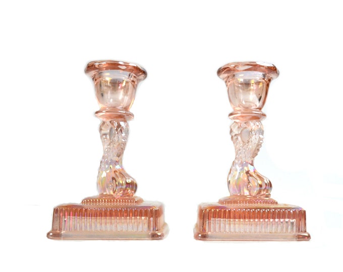 Vintage Pink Candle Holders Koi Fish Candle Holders Pink Carnival Glass Pink Dolphin Candlestick
