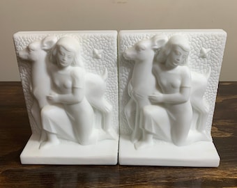 Vintage Art Deco Bookends White Milk Glass Bookends Woman and Fawn Bookends White Bookends Deer Fawn Bookends Gifts For Her