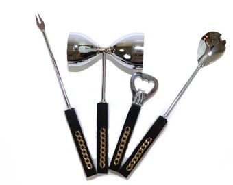 Vintage Swank Bar Utensils Gold Chain Bar Tools Swank Black Barware Set Hollywood Glam