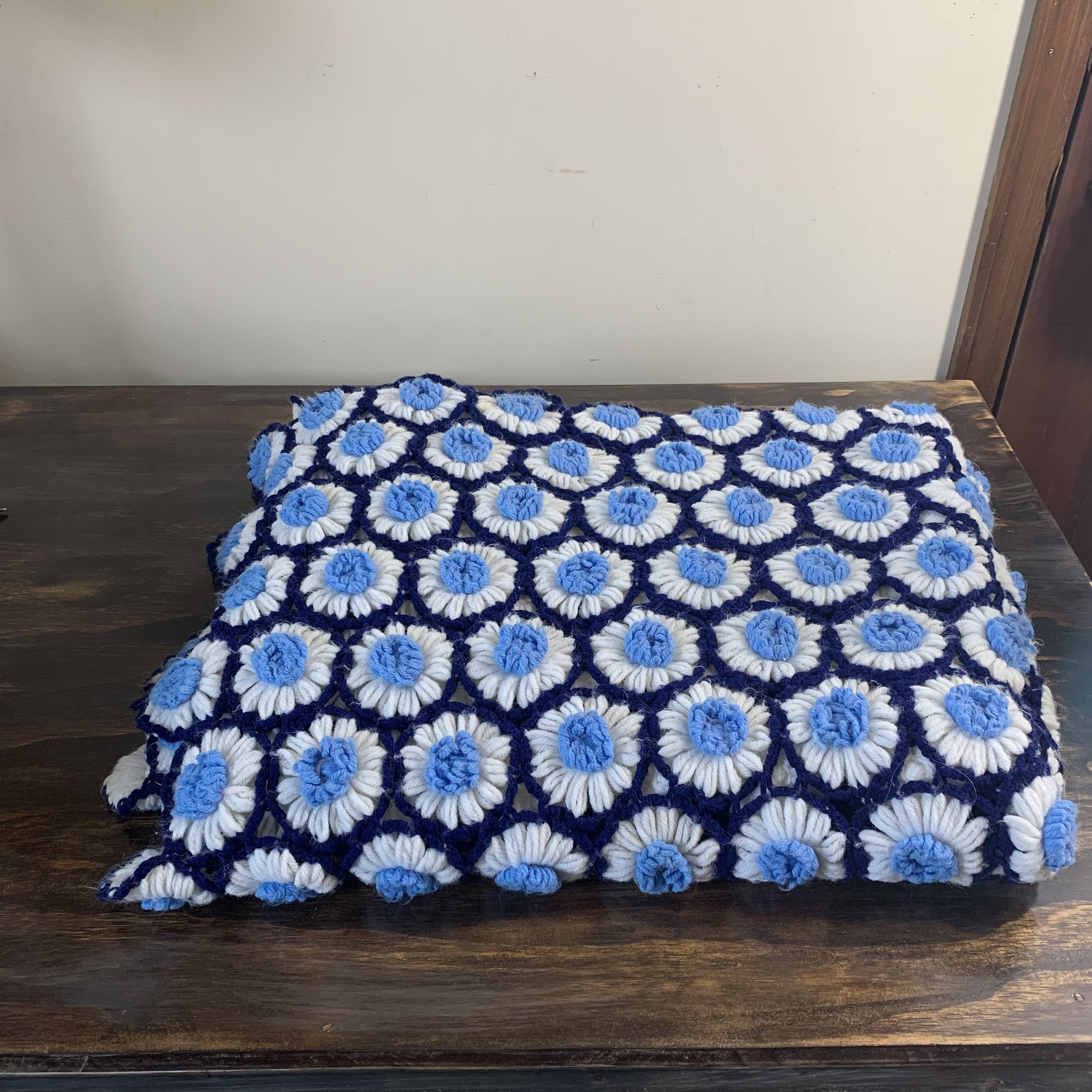 Vintage Daisy Afghan Blanket Blue and White Crochet Blanket Etsy