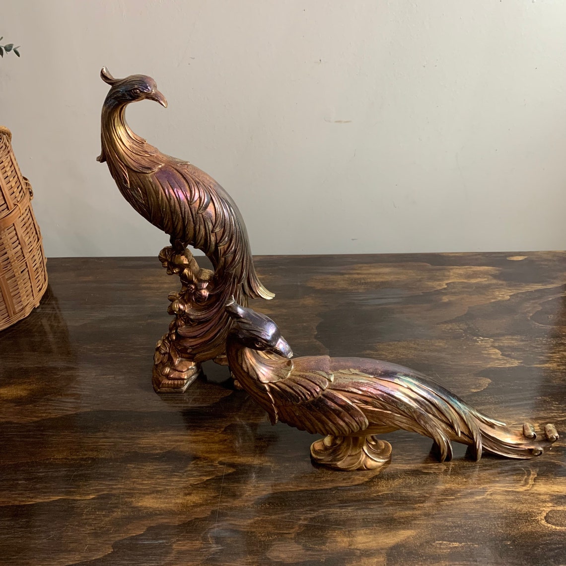 Gold Peacock Statues Gold Gilded Peacocks Gold Syroco Peacocks Etsy