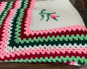 Vintage Afghan Blanket Crochet Blanket Pink and Green Afghan Blanket Crochet Rose Flowers Blanket