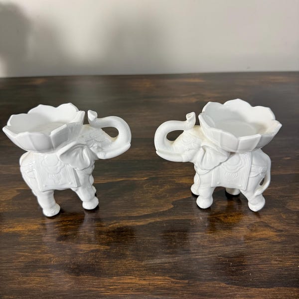 Vintage Fitz & Floyd White Ceramic Elephant Candle Holders Set of 2