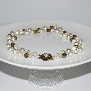 Vintage White Beaded Double Strand Necklace Timeless Gold Roses and White Beads Necklace
