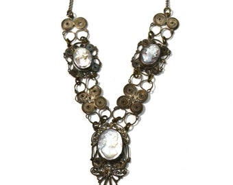 Vintage Mother of Pearl Cameo Necklace Silver Colored Necklace